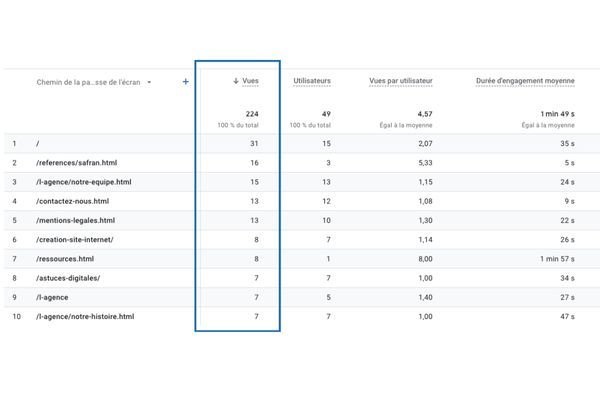 Nombre vues pages Google Analytics - Agence webanalytics 3SC Marseille